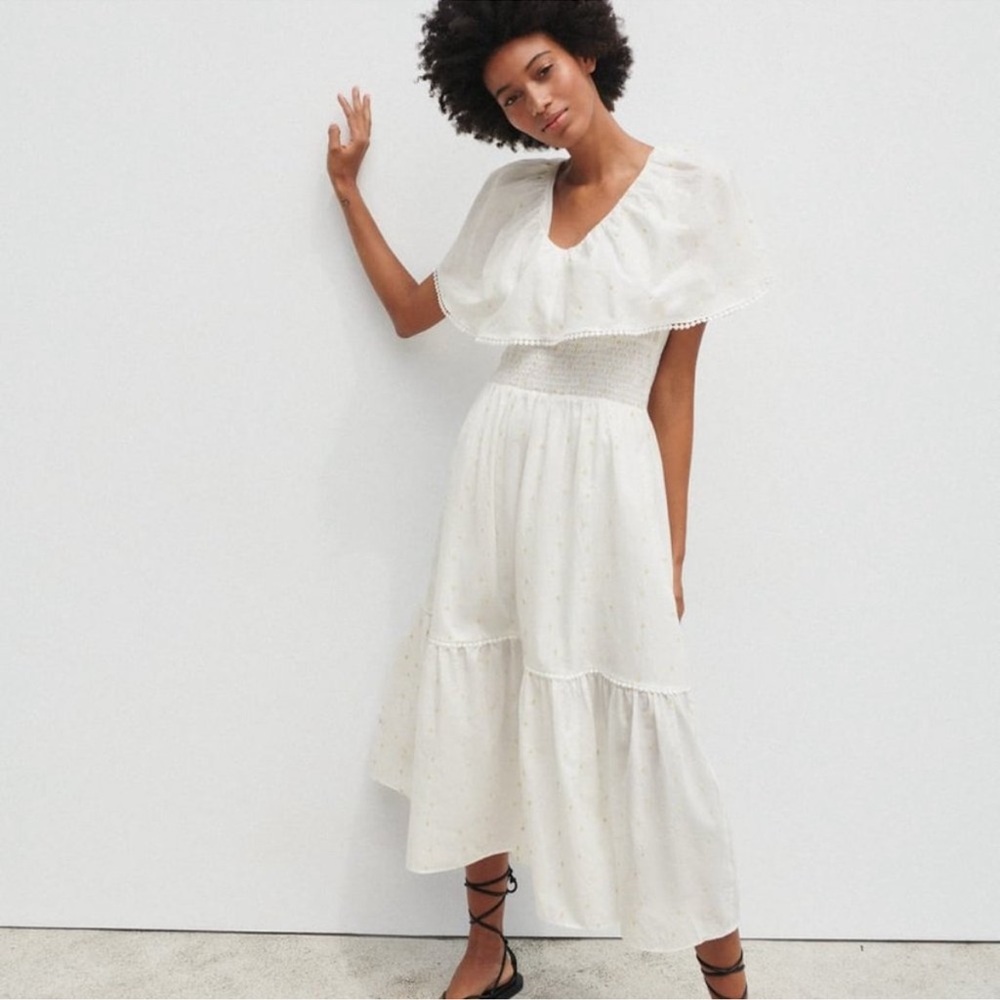 ZARA White embroidered Swiss dot smocked ruffle boho maxi dress women size XS